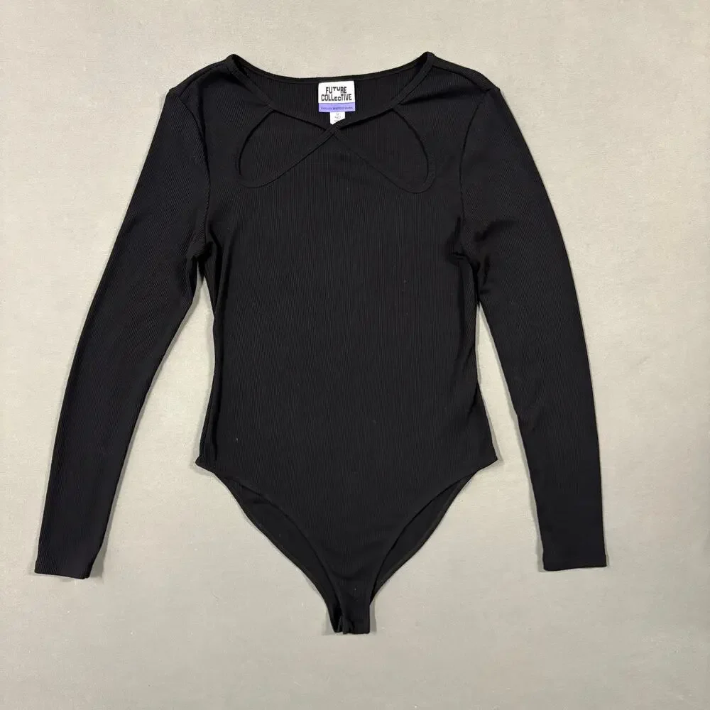 Future Collective Target Ribbed Cut Out Neck Bodysuit Black Size M Long Sleeve‎ - Picture 3 of 11